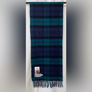 John Hanly Irish 100% Lambswool Blackwatch Plaid Fringed Scarf 12" x 64" NWT